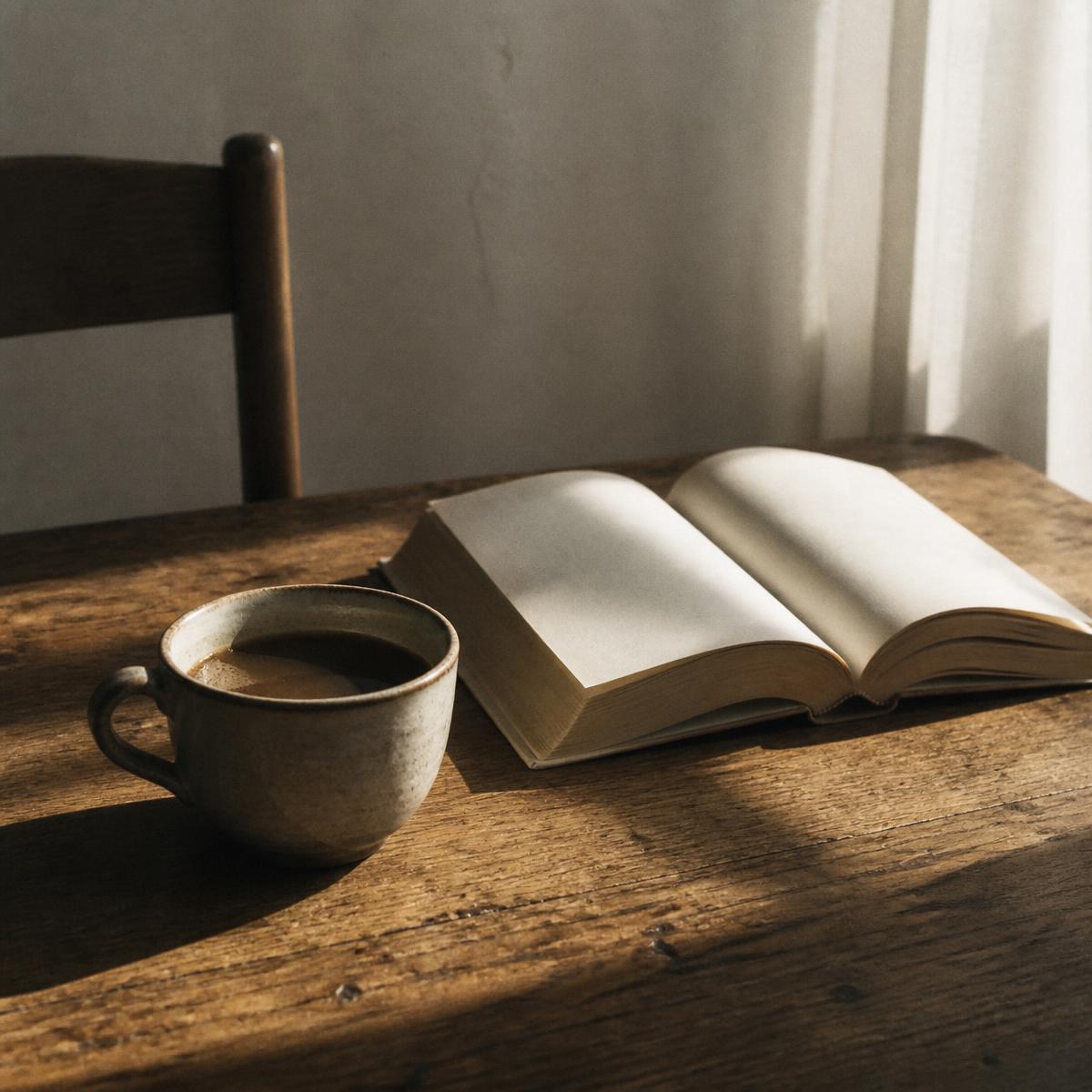 A cup of coffee beside an open book on a wooden table
