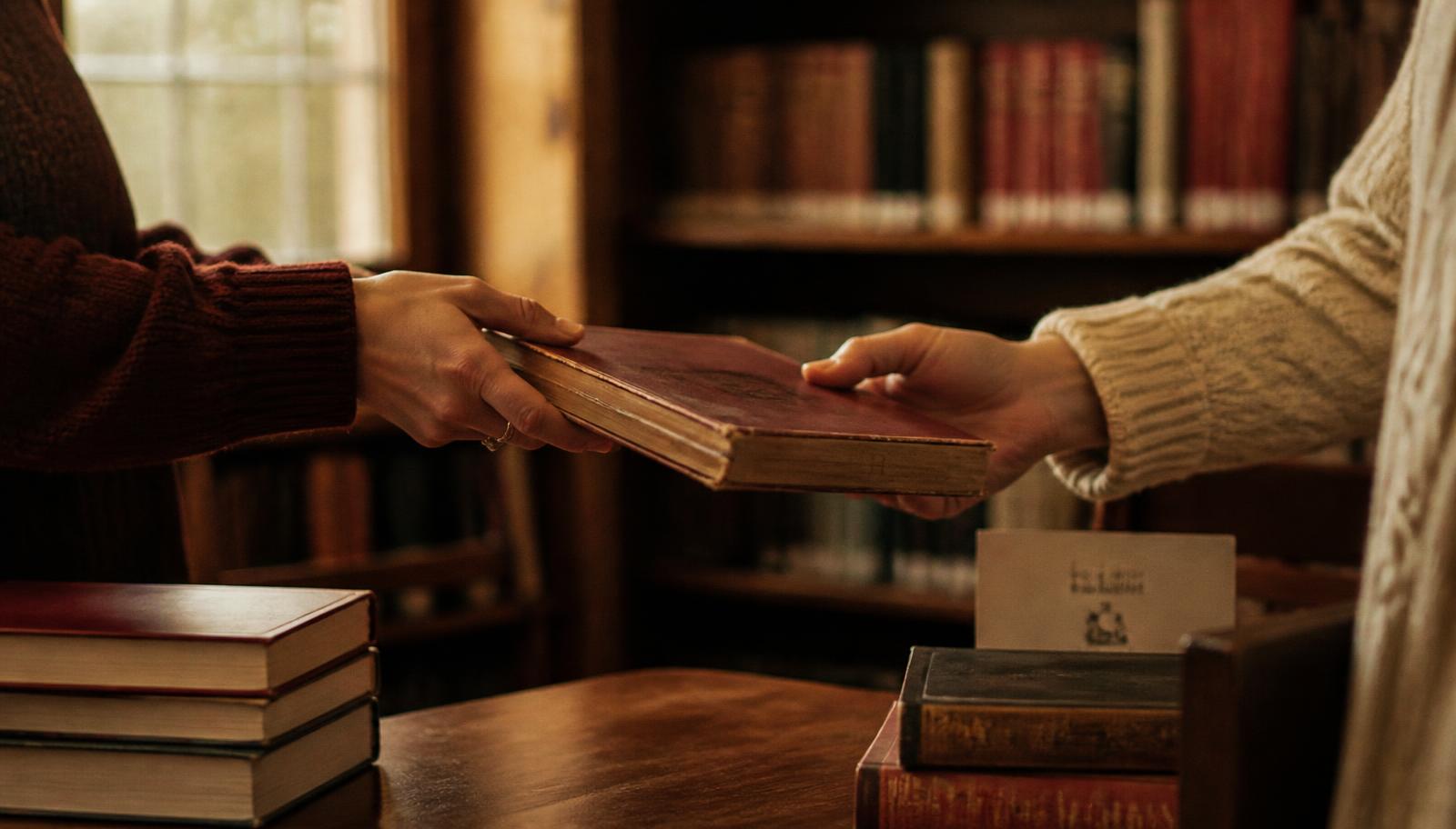 One reader passing a well-read hardcover book to another across a library table